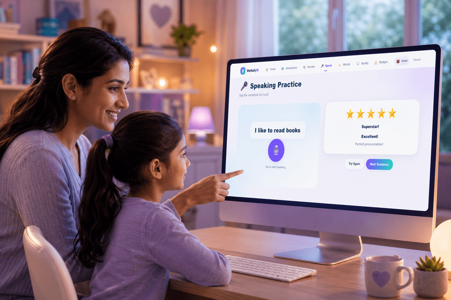 Parent and child practicing speech together with a tablet at home
